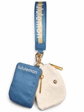 Lululemon Dual Pouch Wristlet Blue Cream Gold Hardware NWT Mini Zip